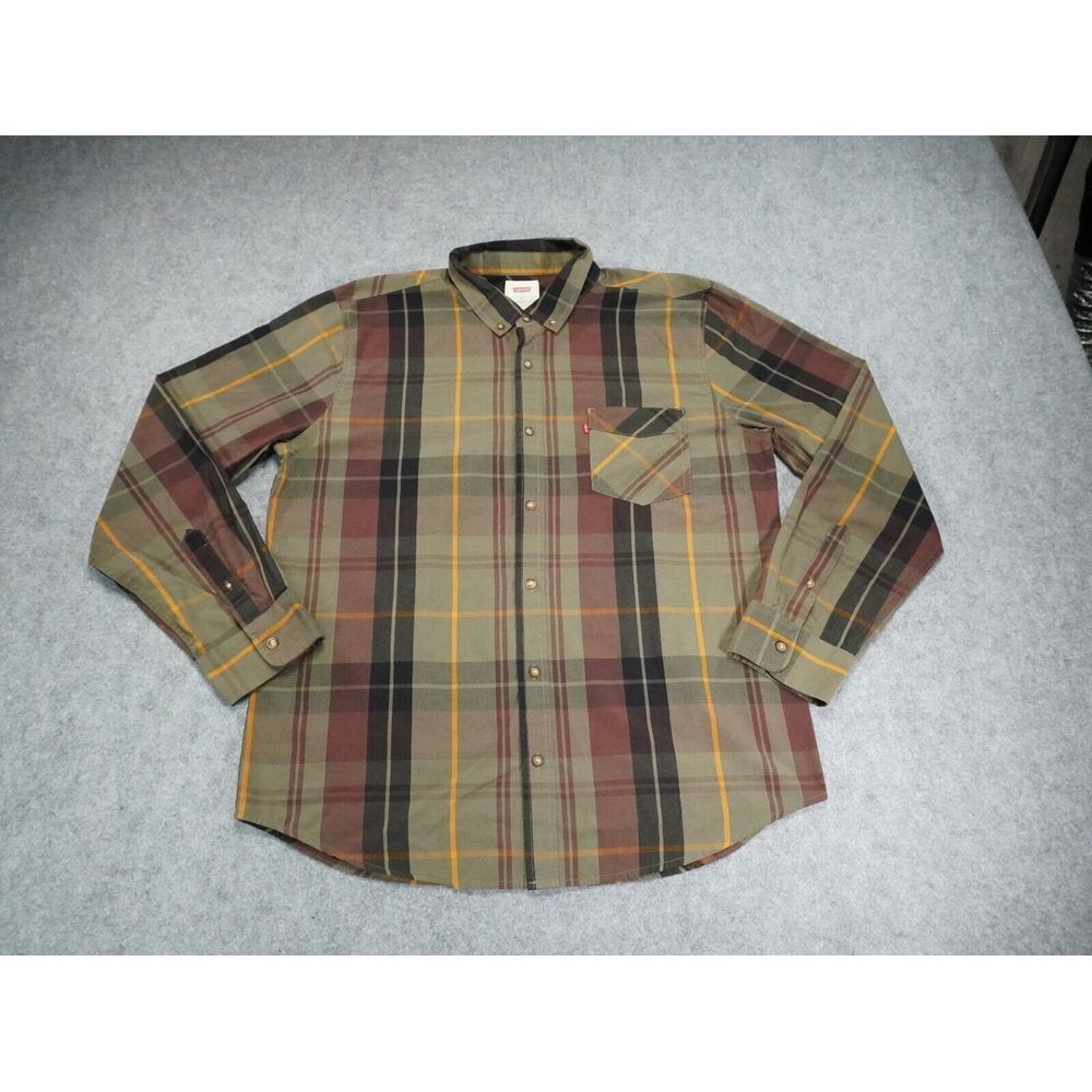 Levis Shirt Mens XL Green Button Down Long‎ Sleeve Pocket Plaid